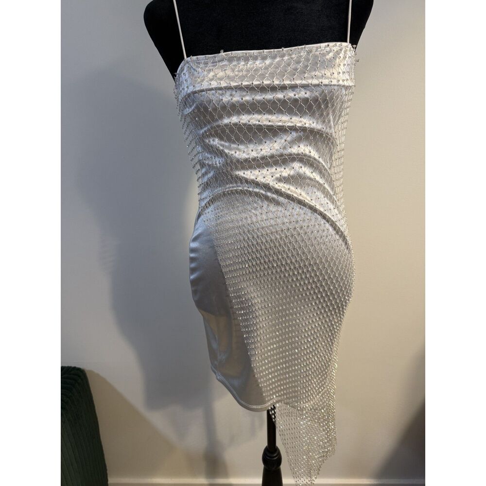White Crystal Mesh Overlay Mini Dress — Spaghetti Straps, Rhinestone Net
